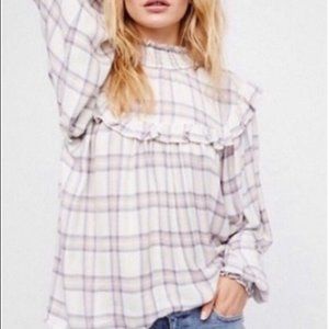 Free People Womens Charlie Plaid Ruffle Top XS Long Sleeve Mockneck Flannel